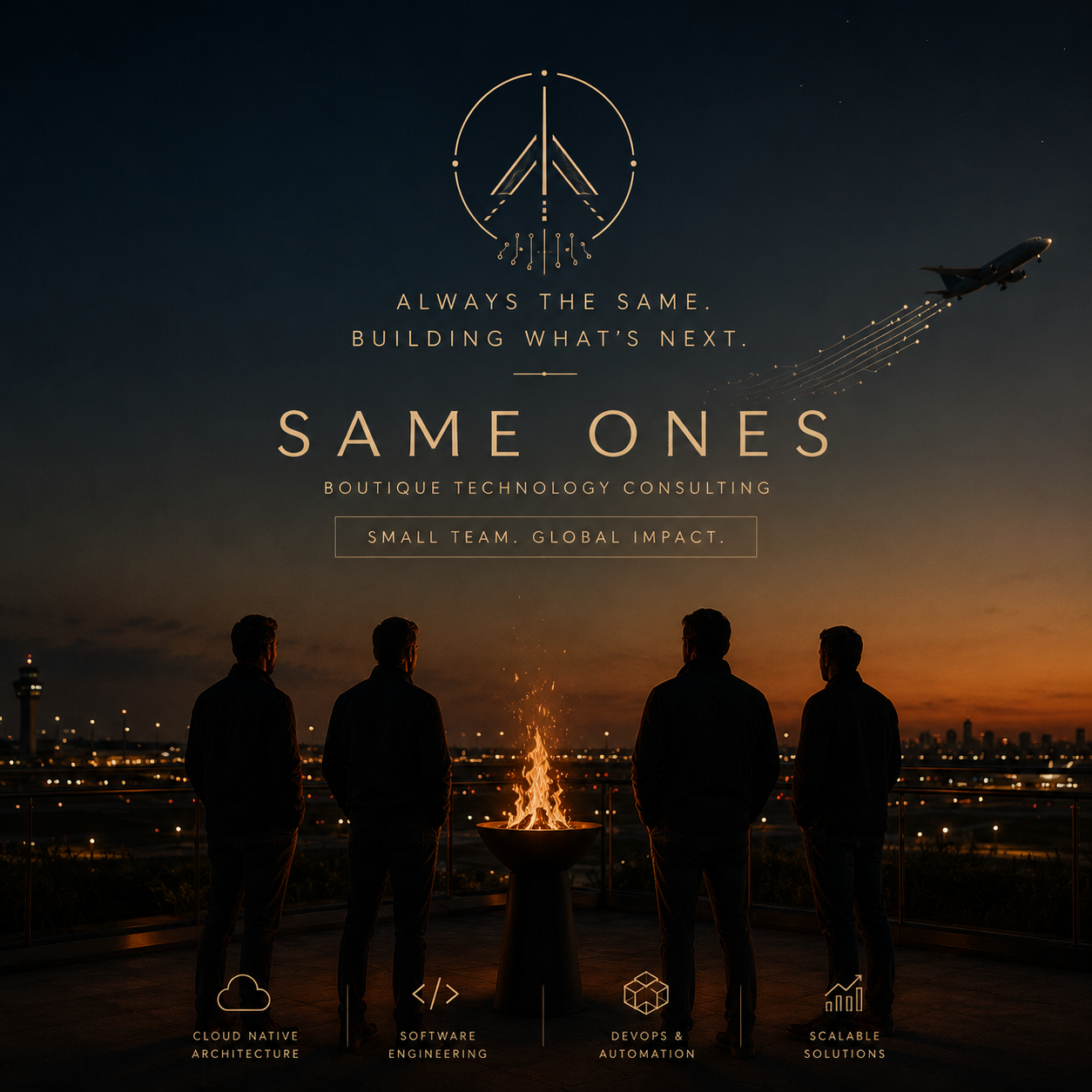 Same Ones brand artwork: four people looking toward the horizon, with the words Always the same. Building what’s next.
